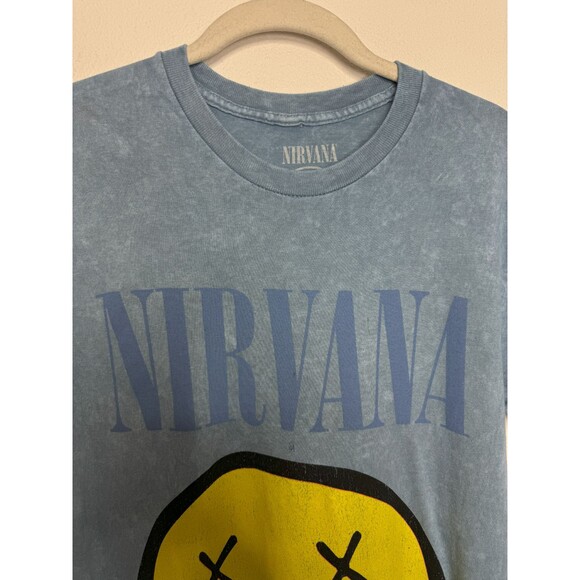Nirvana Sz S Smiley Face Graphic T-Shirt Blue Gray Distressed Short Sleeve Flaws - Picture 4 of 9